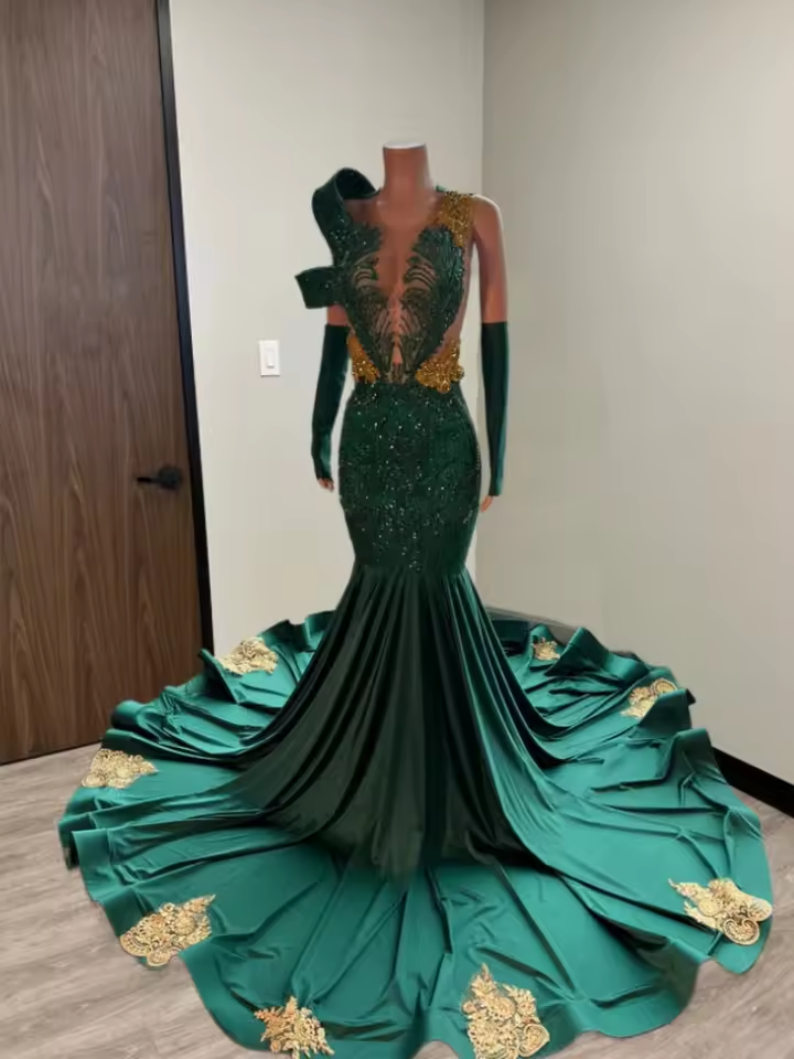 Luxury Green Mermaid Evening Dress Beading Crystal Birthday Robe Shining Fancy Clothes Sequins Appliques Customized