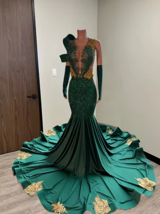 Luxury Green Mermaid Evening Dress Beading Crystal Birthday Robe Shining Fancy Clothes Sequins Appliques Customized
