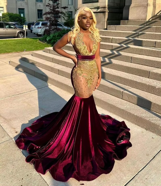 Customsized Grape Purple Velvet African Evening Formal Dress for Women Sheer Mesh Sparkly Diamond Crystal Black Girl Prom Gown