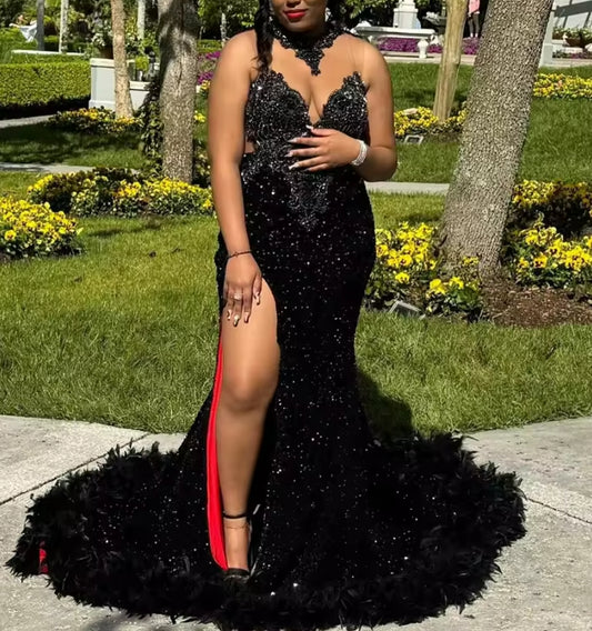 Sparkly Black Sequin Black Girl Prom Dresses Long Bead Crystal Birthday Luxury Dress Feather Split Evening Gown Customized