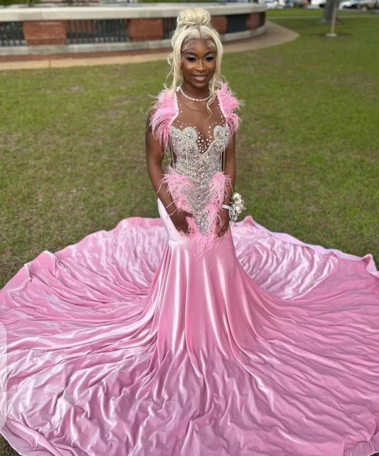 Pink African American Prom Dresses For Black Girls Mermaid Sheer Beaded Feather Robe De Soiree Evening Dress Gown Customized