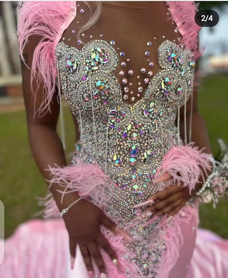 Pink African American Prom Dresses For Black Girls Mermaid Sheer Beaded Feather Robe De Soiree Evening Dress Gown Customized
