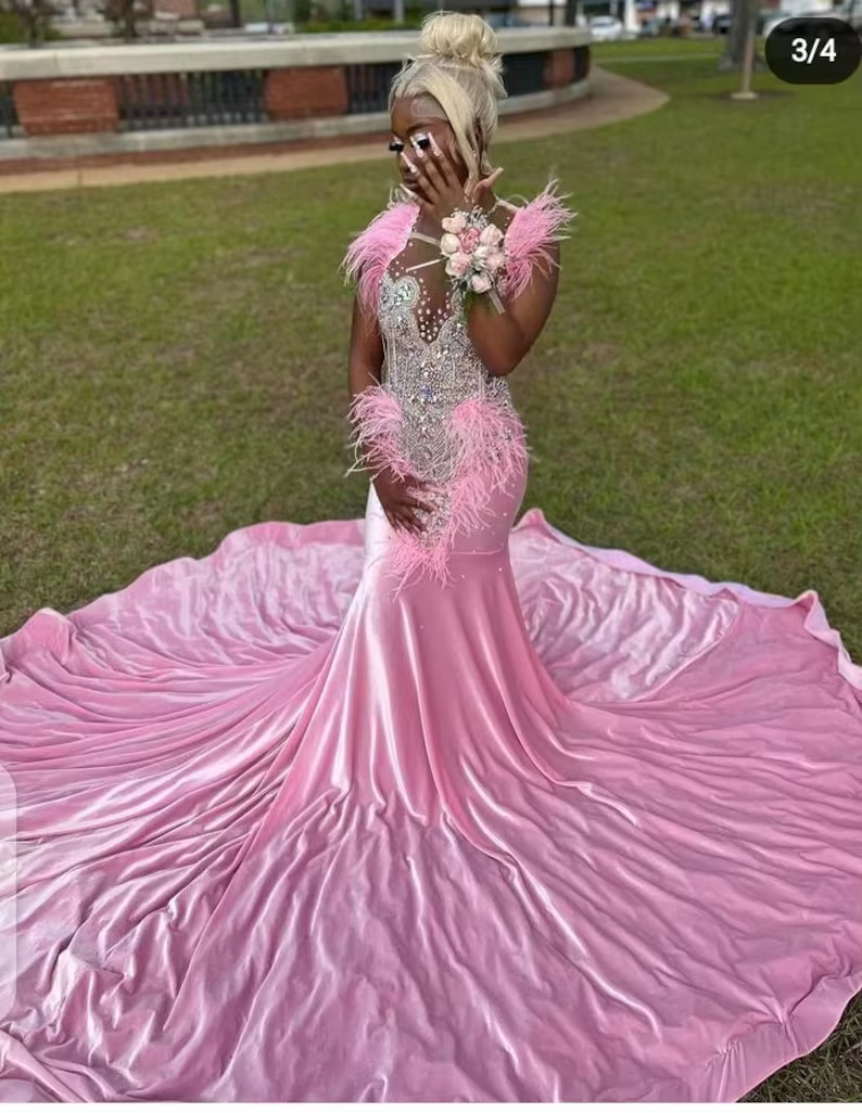 Pink African American Prom Dresses For Black Girls Mermaid Sheer Beaded Feather Robe De Soiree Evening Dress Gown Customized