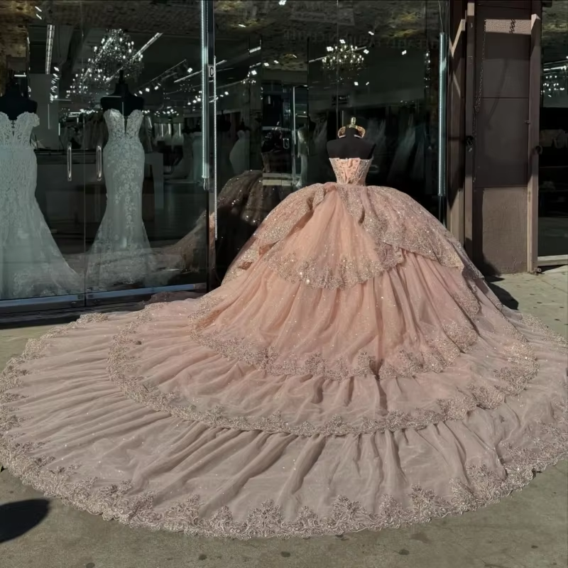 Pink Shiny Quinceanera Dresses Ball Gown Off Shoulder Sequin Appliques Lace Beading Tull Birthday Payty Sweet 16 Dress Vestidos