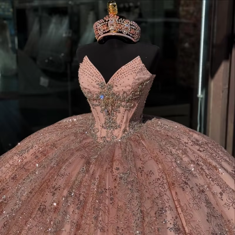 Pink Shiny Quinceanera Dresses Ball Gown Off Shoulder Sequin Appliques Lace Beading Tull Birthday Payty Sweet 16 Dress Vestidos
