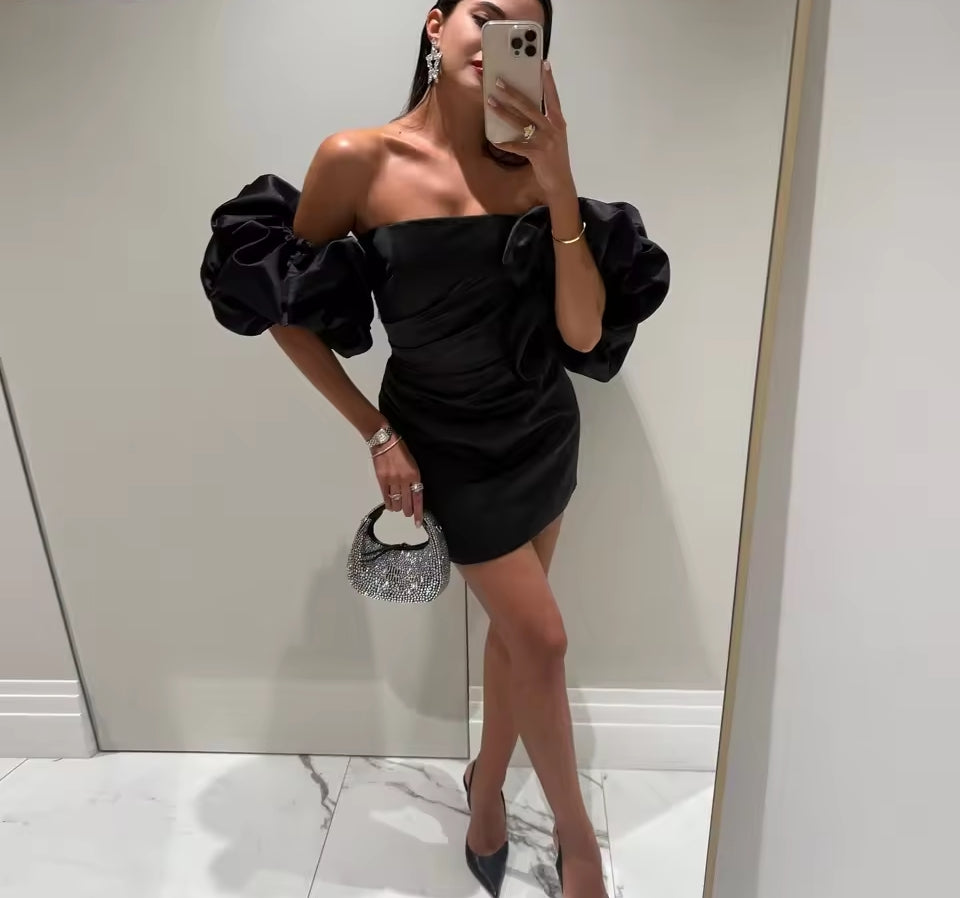 Black Satin Mini Prom Dresses Detachable Short Sleeves Girl Homecoming Dress Customized Sheath Women Specail Party Gown