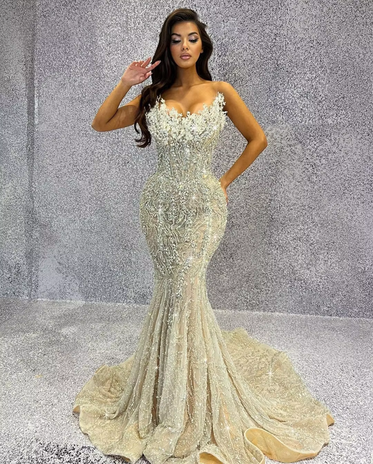 Luxury Mermaid Evening Dresses Sleeveless V Neck Strapless Sequins Beaded Appliques 3D Lace Diamonds Prom Dresses Custom Made