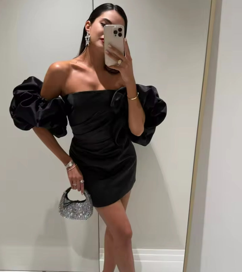 Black Satin Mini Prom Dresses Detachable Short Sleeves Girl Homecoming Dress Customized Sheath Women Specail Party Gown
