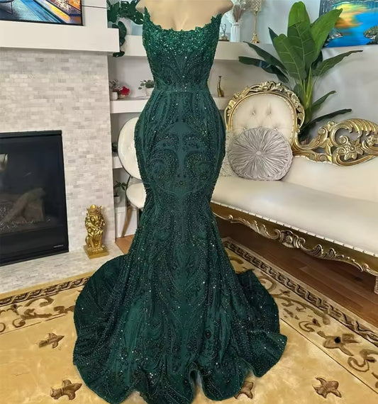 Emerald Green Strapless Long Prom Dresses Black Girl Bead Crystal Applique Birthday Luxury Dress Evening Dresses Customized