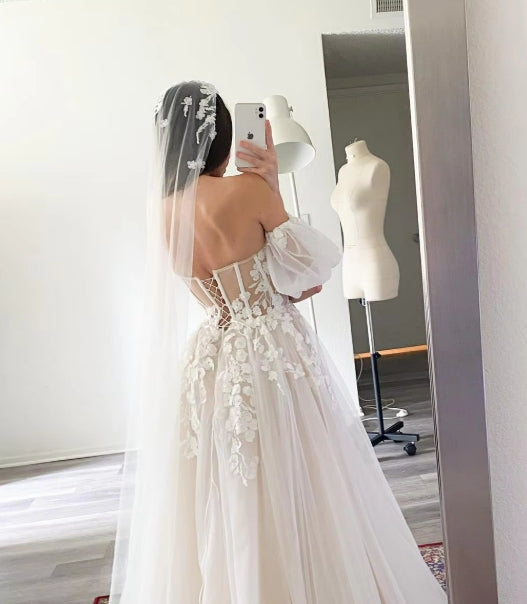 Short Puff Sleeves 3D lace Wedding Dresses Champagne Liner Tulle Appliques Formal Bridal Gowns Womens New