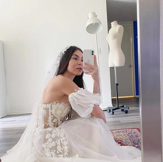 Short Puff Sleeves 3D lace Wedding Dresses Champagne Liner Tulle Appliques Formal Bridal Gowns Womens New