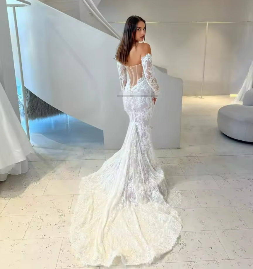 Sexy See Through Back Long Sleeves Full Lace Applique Mermaid Wedding Dresses Sweep Train Custom Made Vestido De Novial
