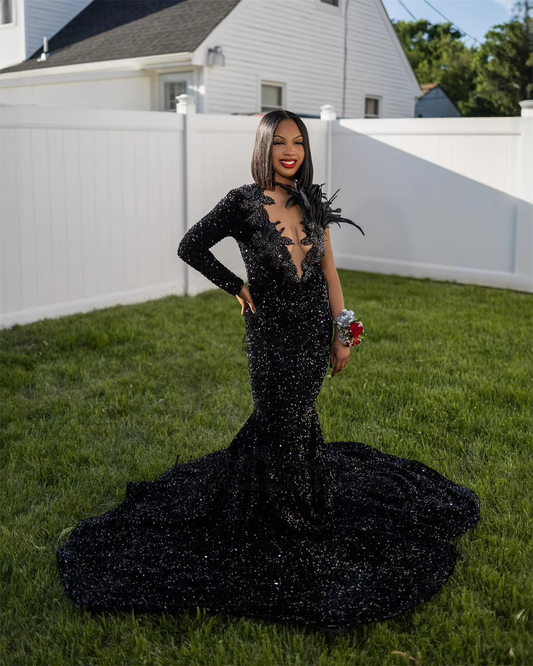 Sparkly Sequins Mermaid Prom Dresses For Black Girls Luxury Appliques Beaded Evening Party Gown Birthday Feather robes de soirée
