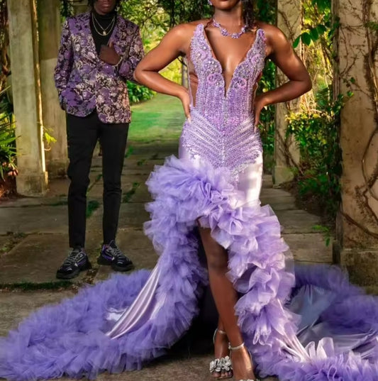 Sparkly Purple Diamonds Mermaid Prom Dress Glitter Bead Crystal Rhinestones Side Ruffle Birthday Party Vestidos Customized