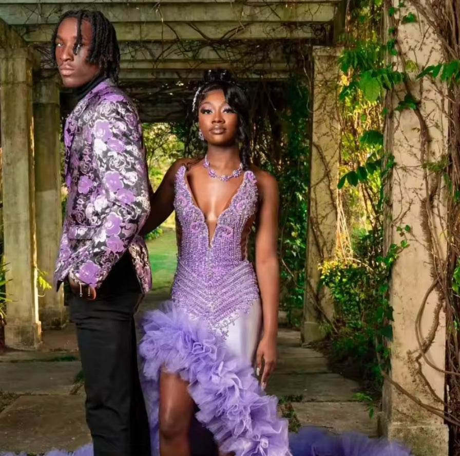 Sparkly Purple Diamonds Mermaid Prom Dress Glitter Bead Crystal Rhinestones Side Ruffle Birthday Party Vestidos Customized