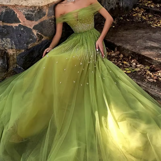 Customized Sage Green Off The Shoulder Dubai A-Line Evening Dress Illusion Crystal Beading Formal Party Wear Gown
