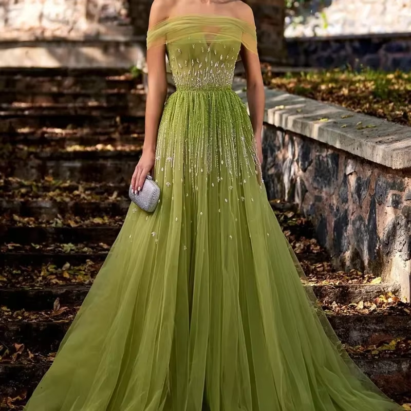 Customized Sage Green Off The Shoulder Dubai A-Line Evening Dress Illusion Crystal Beading Formal Party Wear Gown