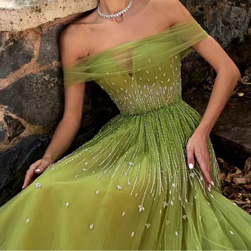Customized Sage Green Off The Shoulder Dubai A-Line Evening Dress Illusion Crystal Beading Formal Party Wear Gown