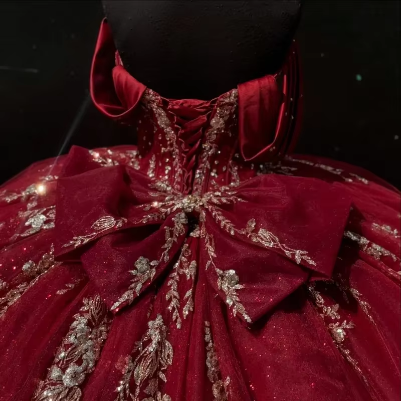 Burgundy Quinceanera Dresses Ball Gown Off The Shoulder Sequin Appliqued Lace Beads Crystal Customized Sweet 16 Party Dress