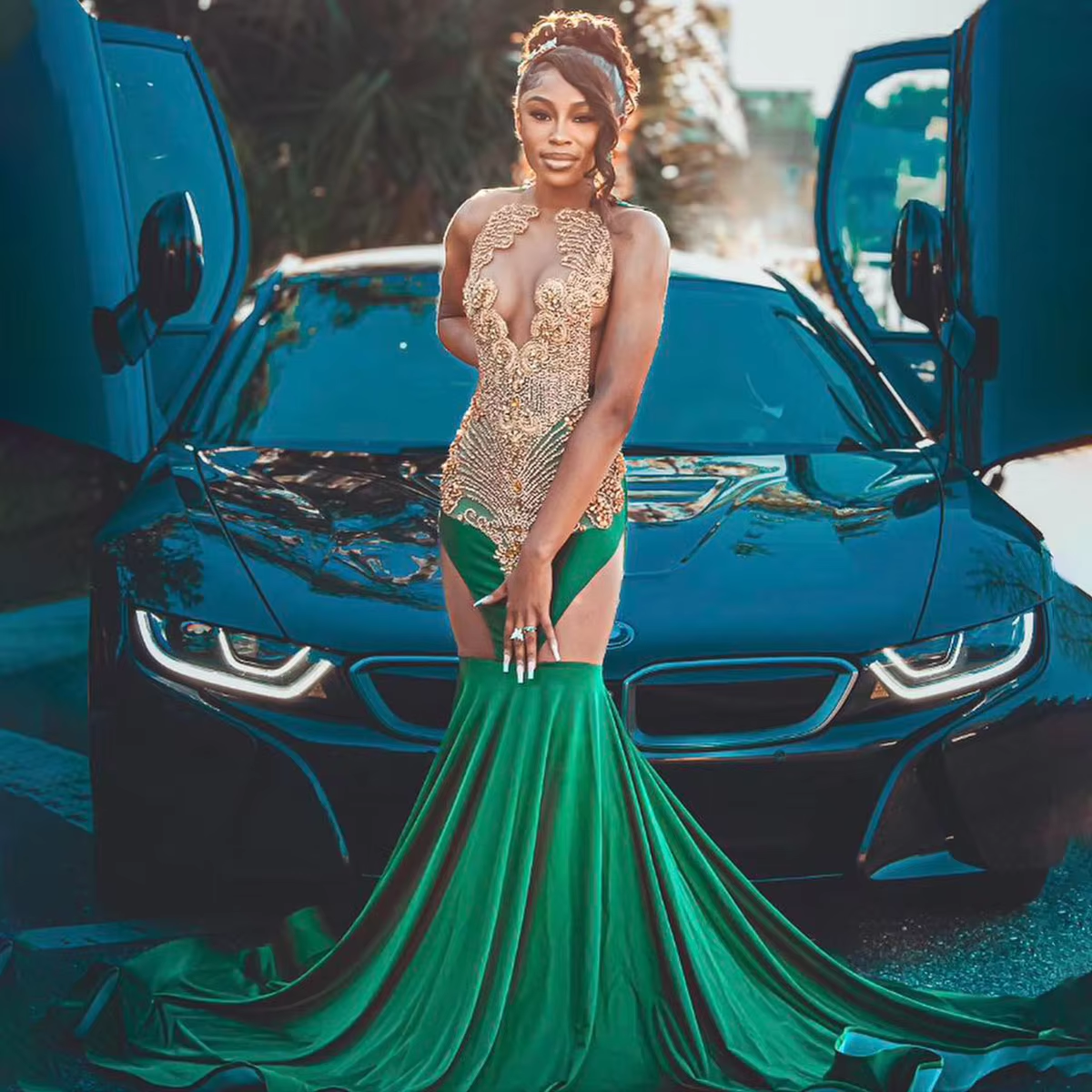 Customized Mermaid Bride Dresses V-Neck Applique Draped Pleat New Design Crystal Open Back Brush Train Prom Dress Robe de soirée
