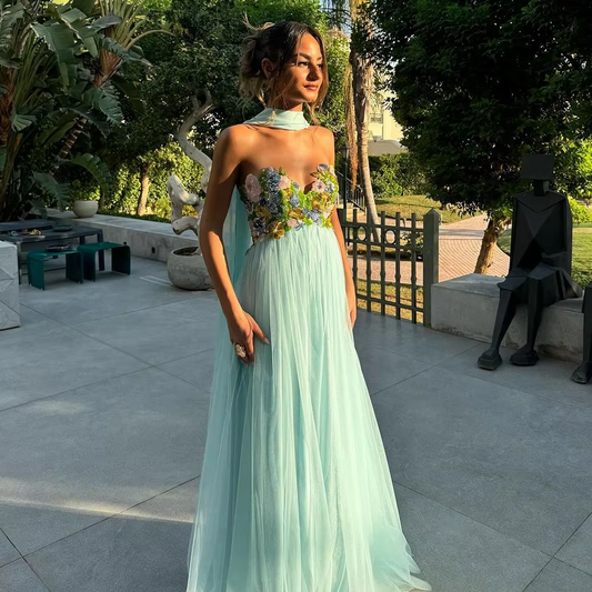 Elegant Sky Blue Prom Dress 3D Flore Sweetheart Birthday Dress With Cape Women Guest Dress Women Evening Party Gown Customized