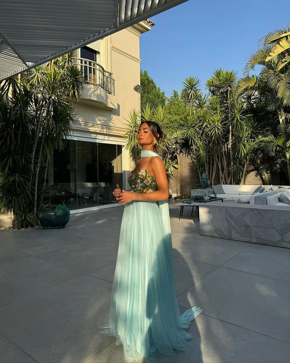 Elegant Sky Blue Prom Dress 3D Flore Sweetheart Birthday Dress With Cape Women Guest Dress Women Evening Party Gown Customized