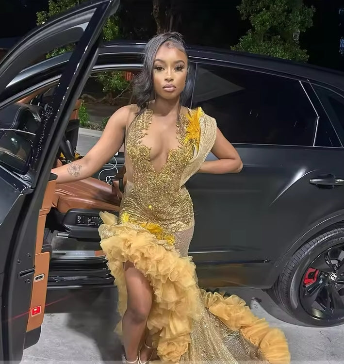 Gold Feathers Shinny Ruched Silt Rhinestone Prom Dresses For Black Girls Mermaid Birthday Party Dress Homecoming Gown