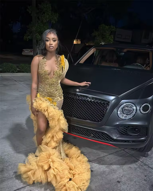 Gold Feathers Shinny Ruched Silt Rhinestone Prom Dresses For Black Girls Mermaid Birthday Party Dress Homecoming Gown