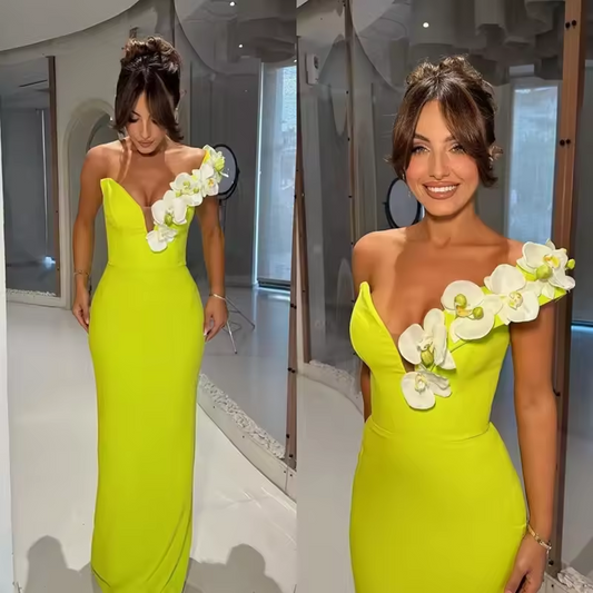 Saudi Arabia Satin Prom Dressess Mermaid Pleat Flowers Evening Dress One-Shoulder Formal Floor-Length