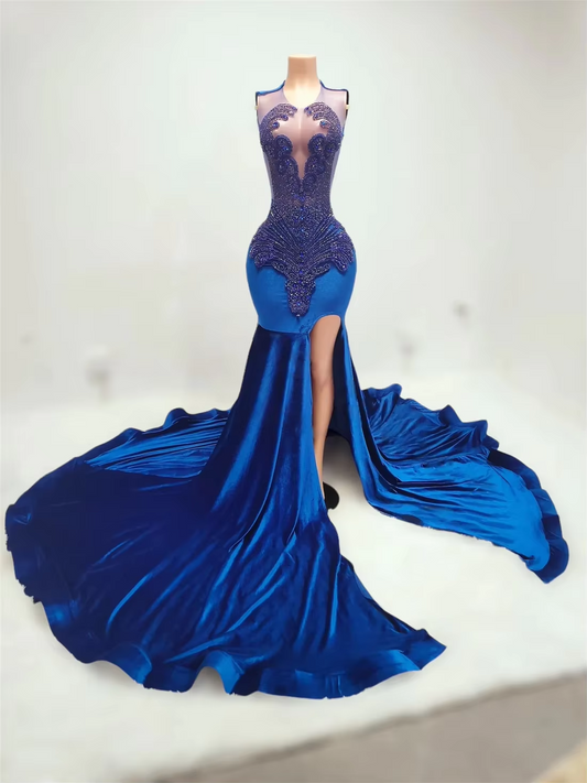 Royal Blue Sheer African American Long Prom Dresses For Black Girls Mermaid Slit Crystals Nigeria Evening Gown Customized
