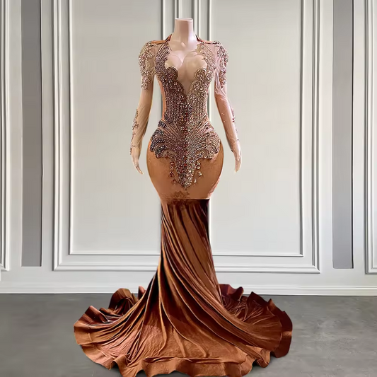 Long Sleeve Brown Mermaid Prom Dresses Black Girls 2025 Long Velvet Crystal Rhinestone Luxury Birthday Party Dress Customized