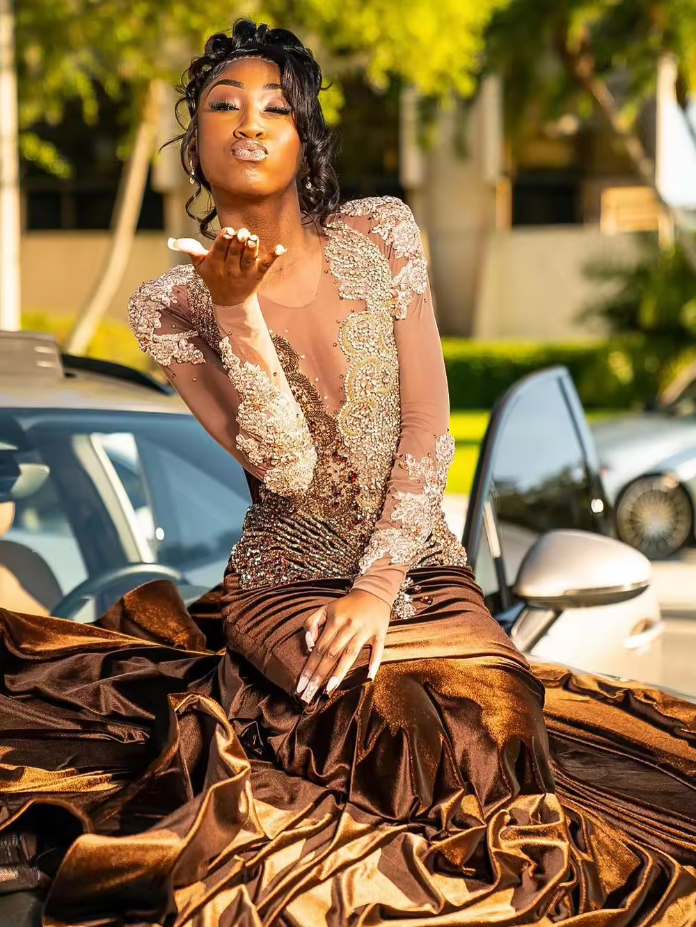 Long Sleeve Brown Mermaid Prom Dresses Black Girls 2025 Long Velvet Crystal Rhinestone Luxury Birthday Party Dress Customized