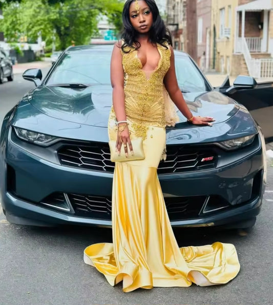 Customized Sexy Gold Long Mermaid Prom Dress For Black Girls Diamonds Crystal Beaded Party Dress Evening Gown
