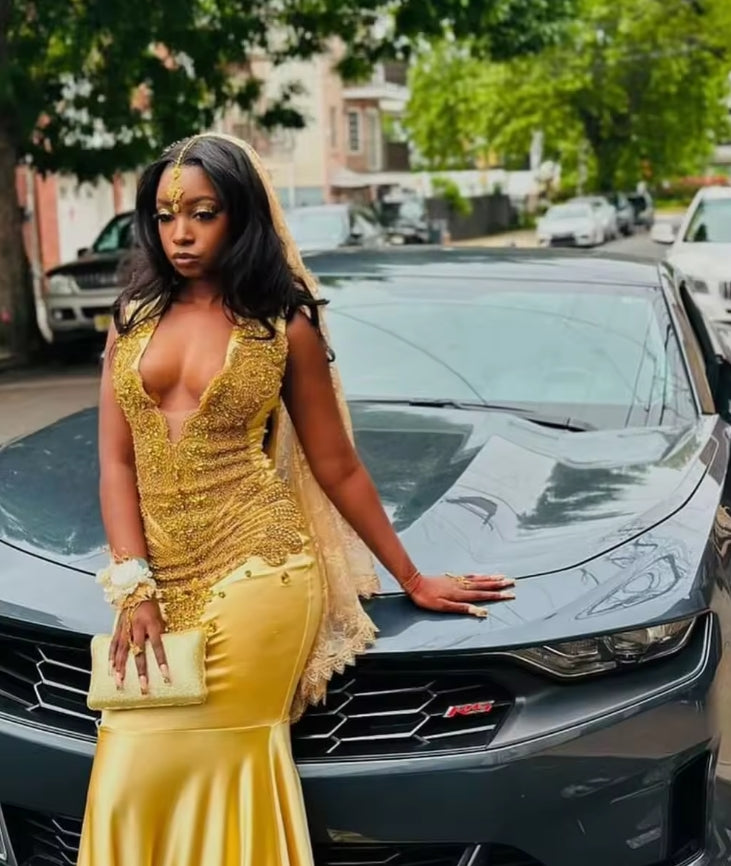 Customized Sexy Gold Long Mermaid Prom Dress For Black Girls Diamonds Crystal Beaded Party Dress Evening Gown