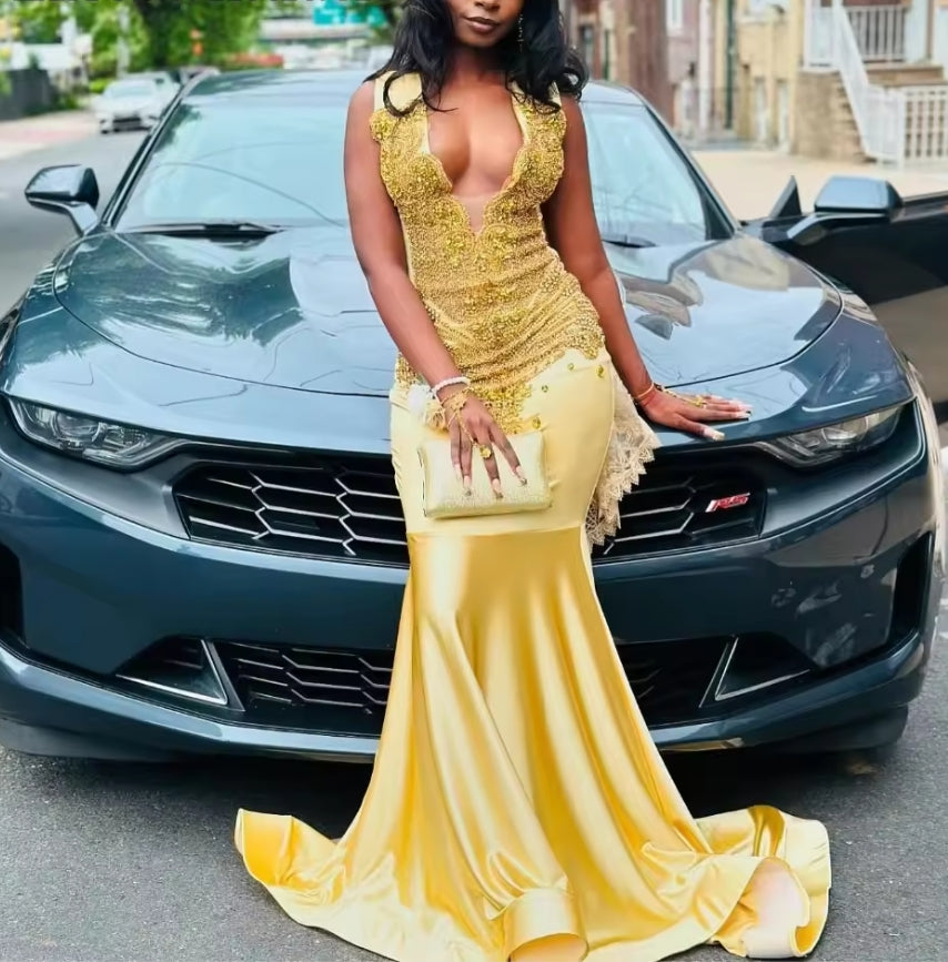 Customized Sexy Gold Long Mermaid Prom Dress For Black Girls Diamonds Crystal Beaded Party Dress Evening Gown
