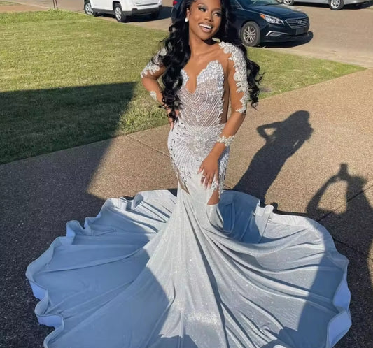 Customized Luxury Silver Mermaid Long Prom Dress Gorgeous Black Girl Diamond Beaded Formal Party Dress Party Gown