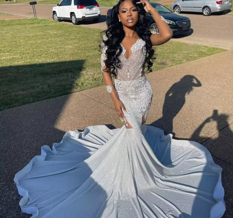 Customized Luxury Silver Mermaid Long Prom Dress Gorgeous Black Girl Diamond Beaded Formal Party Dress Party Gown