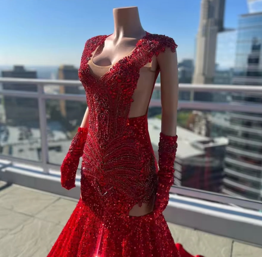 Customized Sparkly Red Sequins Mermaid Prom Dress For Black Girl Crystal Diamond Beaded African Formal Party Gown