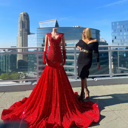 Customized Sparkly Red Sequins Mermaid Prom Dress For Black Girl Crystal Diamond Beaded African Formal Party Gown