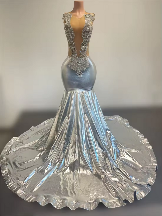 Sparkly Silver Long Prom Dresses For Black Girls Sheer Crystals American African Evening Gowns Birthday Party Robe Customized