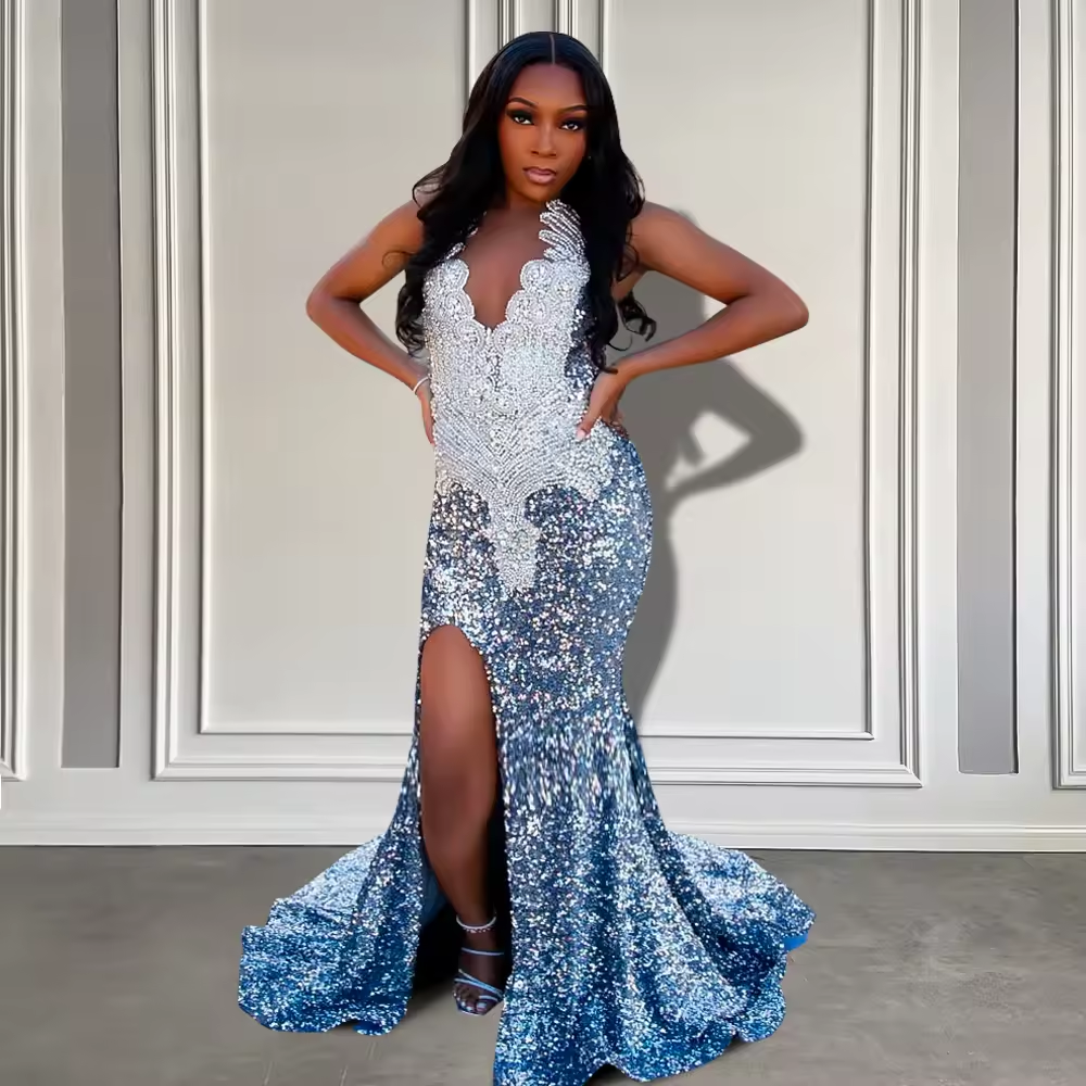 Sparkly Silver Rhinestone Luxury Prom Dress 2025 For Black Girls Glitter Sequin High Slit Long Mermaid Gala Dresses Customized