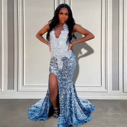 Sparkly Silver Rhinestone Luxury Prom Dress 2025 For Black Girls Glitter Sequin High Slit Long Mermaid Gala Dresses Customized
