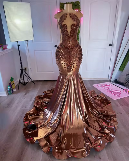 Gold Long Prom Dress For Black Girl Beading Crystal Diamonds Birthday Paty Dress Evening Gown Robe Customized