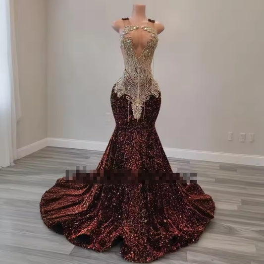 Elegant Mermaid Prom Dresses For Black Girls 2025 Rhinestone Mermaid Graduation Gowns Brown Party Dress Long Customized