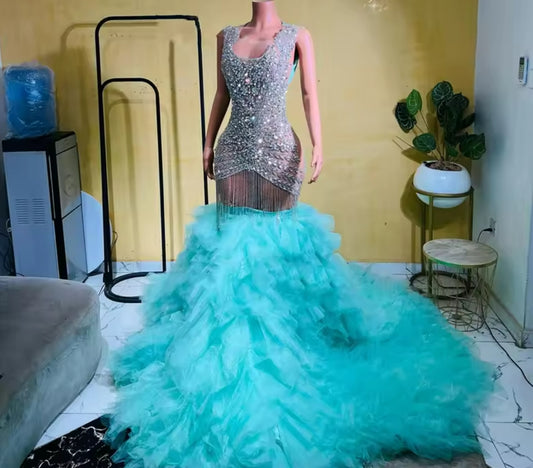 Luxury Crystal Beading Mermaid Ruffles Prom Dresses Long Black Girls Formal Evening Party Gala Gowns Customized Robe De Soiree
