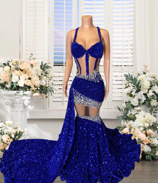 Royal Blue Mermaid Prom Dresses Sparkly Sequin Long for Black Women 2025 Corset Illusion Crystal Formal Evening Gowns