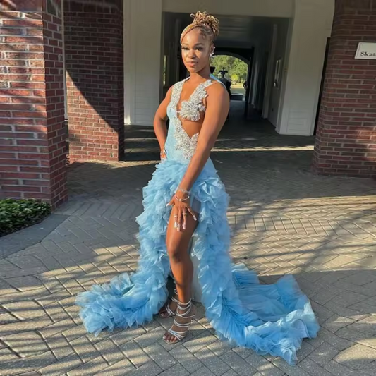 Sky Blue Mermaid Prom Dresses Sexy High Split Ruffles 2k23 African Women Evening Gowns Girls Formal Occasion Party Dress