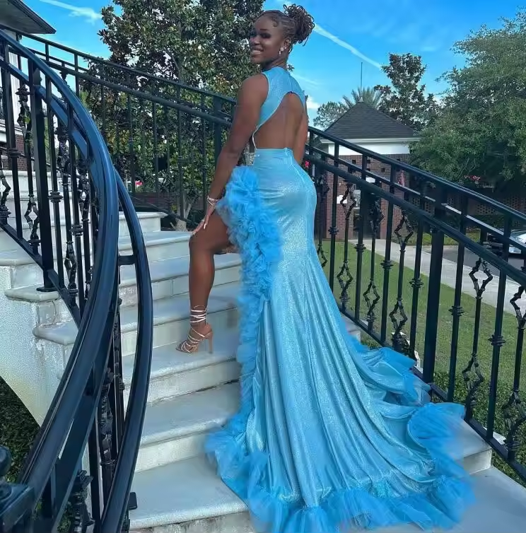 Sky Blue Mermaid Prom Dresses Sexy High Split Ruffles 2k23 African Women Evening Gowns Girls Formal Occasion Party Dress