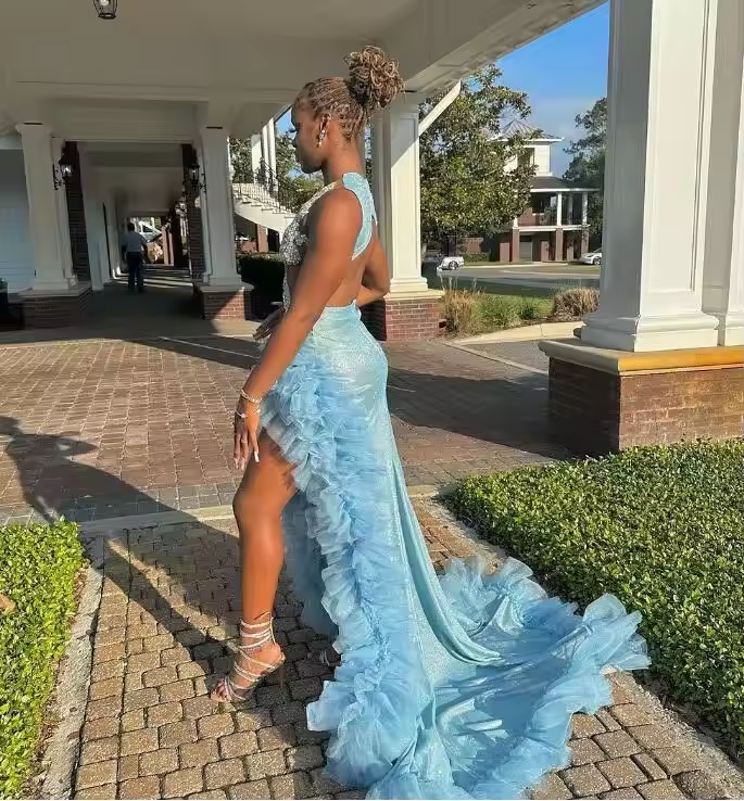 Sky Blue Mermaid Prom Dresses Sexy High Split Ruffles 2k23 African Women Evening Gowns Girls Formal Occasion Party Dress
