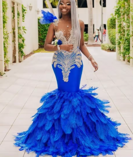 Blue Sparkly Crystal Mermaid Feather Prom Dresses Long for Black Women 2025 Crew Neck Diamond Formal Evening Gowns Customized